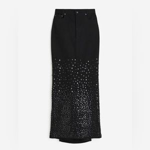 Beaded detail denim skirt with train